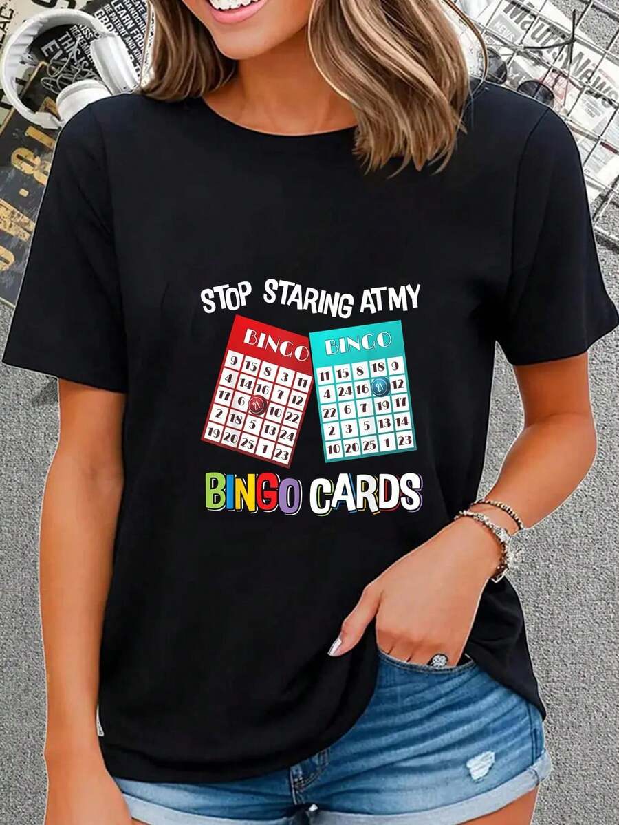 Funny Bingo Queen Stop Staring At My Bingo Card Game T-Shirt Graphic Short Sleeve Tops For Women Men