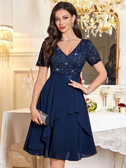 MIUSOL Sequin Floral Lace V-Neck Asymmetrical Chiffon Pleated Hem Prom Party Swing Dress