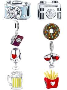 MIHUA 1 件闪光相机、啤酒杯、红酒杯、甜甜圈、炸薯条串珠，适合原创蛇形手链项链串珠，可 DIY 925 银饰品制作，适合送给女孩女儿的珠宝礼物 - 彩色 - 查看 1