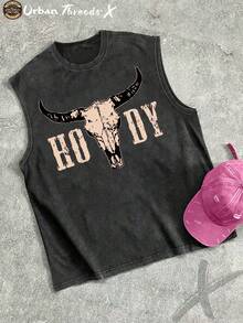 100% Cotton Washed Crew Neck Vest, Western - Style Bull Skull "HOWDY" Print, Vintage Sleeveless Shirt - 黑色 - 查看 1