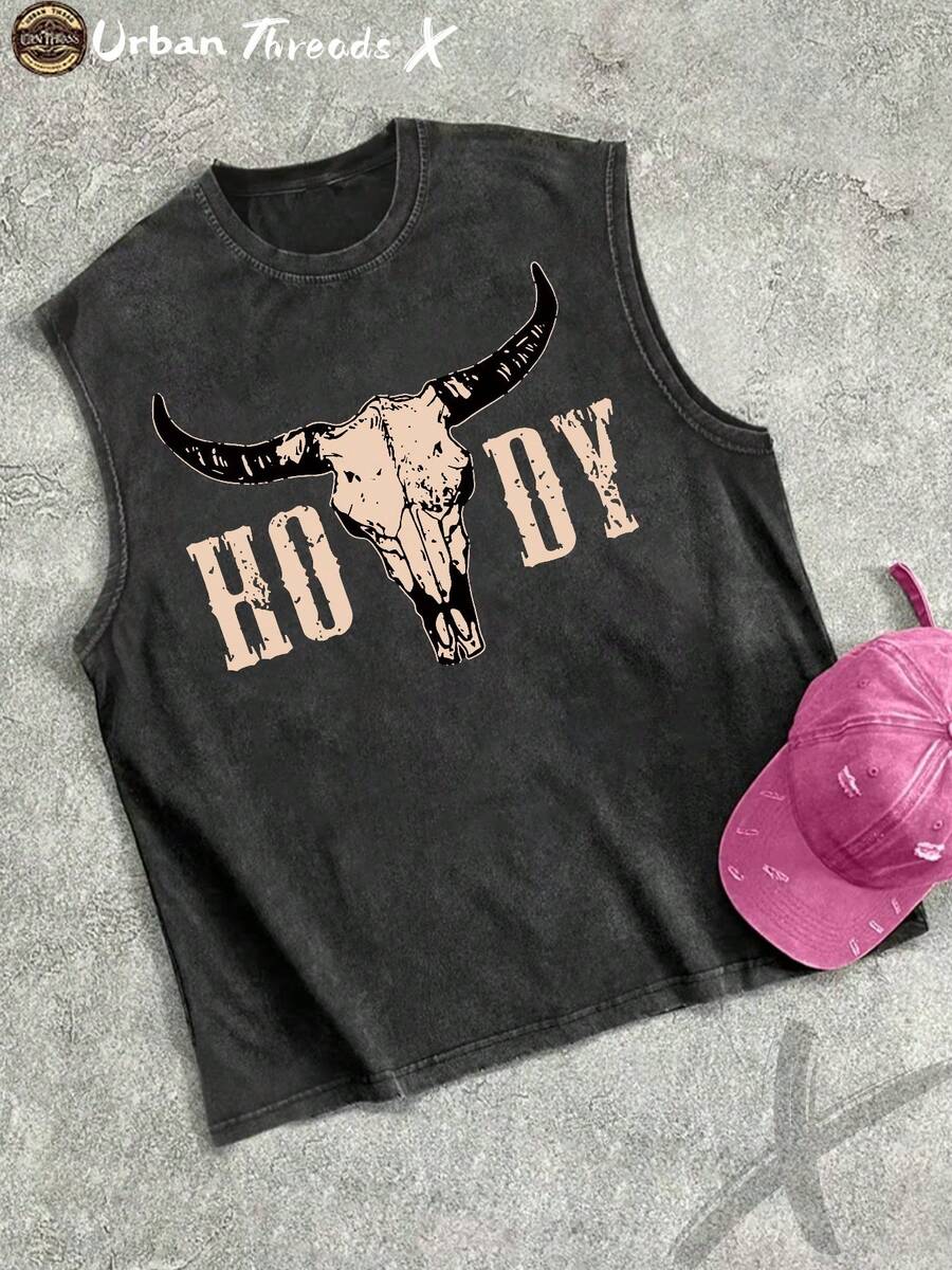 100% Cotton Washed Crew Neck Vest, Western - Style Bull Skull "HOWDY" Print, Vintage Sleeveless Shirt - 黑色 - 查看 1