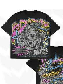 Double Sided Printed (220 Cotton T-Shirt) Portrait And Letter Double-Sided Printed Men's Casual Soft 100_ Cotton Full Splicing Round Neck Short Sleeved T-Shirt