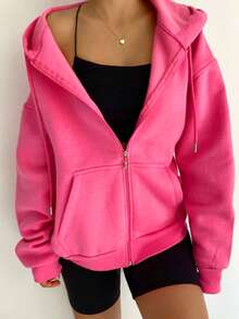 Plus Size Women Drop Shoulder Solid Color Zipper Drawstring Pocket Casual Hoodie