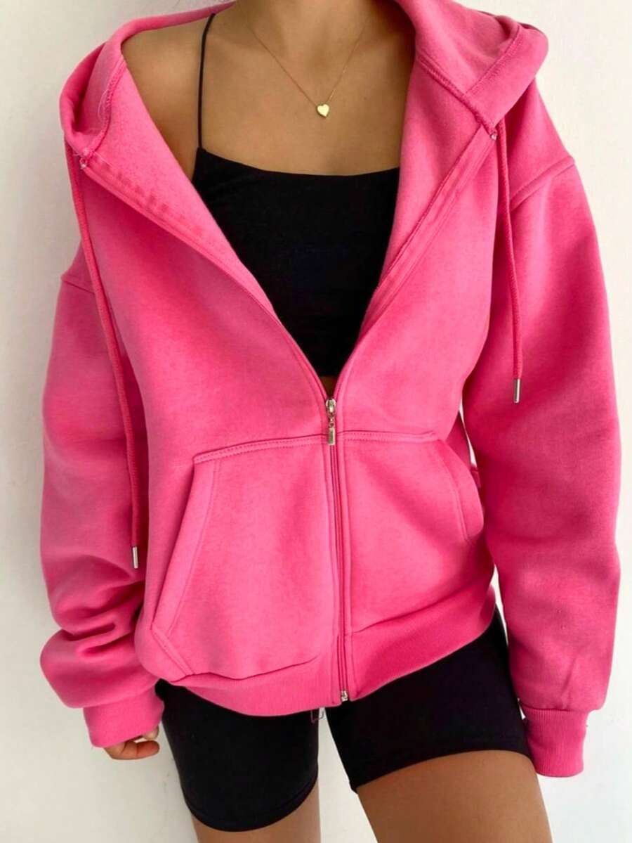Plus Size Women Drop Shoulder Solid Color Zipper Drawstring Pocket Casual Hoodie