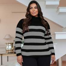 Plus Size Cold Knit Cacharrel Blouse With Thick Stripes And High Neck For Women - Black and Graphite - View 2