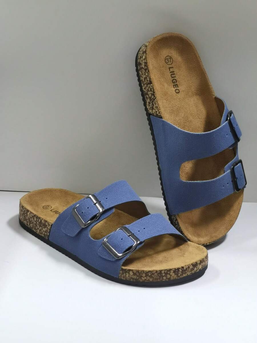 Sandalias de suela blanda con doble hebilla, estilo de vacaciones de moda. Pantuflas tipo mula cómodas y versátiles para deslizar. Zapatos de otoño, adecuados para el hogar, citas, compras, viajes, fiestas, vacaciones en la playa, Navidad.