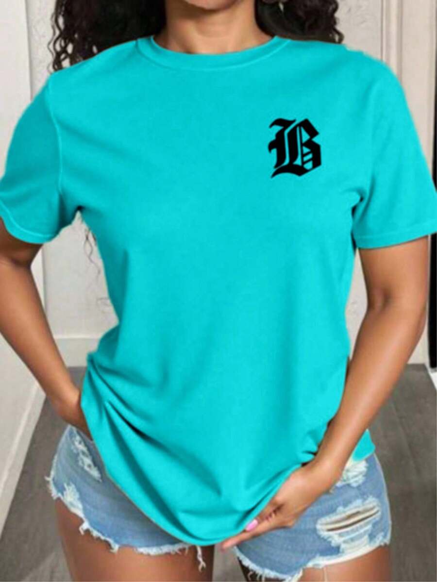 Playera básica mujer dama cuello redondo manga corta estampado de letras LB gotico Camisetas gráficas de manga corta de ajuste casual y delgado para mujeres casual algodón Textura Suave Fortiz - Azul menta - Ver 1