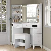 Yanosaku Modern Corner Vanity Desk With Mirror & Lights, Glass Top Makeup Vanity With Bluetooth Speaker, 8 Drawers, 6 Shelves, 3-Color Lighting, Dressing Table With Chair, White - Xem 4