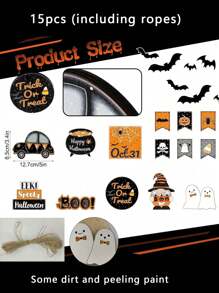 15pcs Halloween Tiered Tray Decor Cute Halloween Wooden Signs Black And Orange Ghosts Halloween, Adorable Halloween Wooden Signs Farmhouse Rustic Tray Decorations For Home Dining Table House Room Kitchen Party (No Tray No Lights)