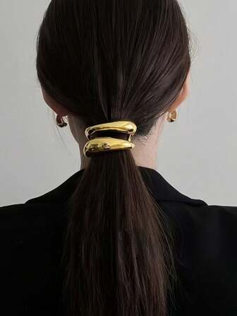 1pc Women's Golden Geometric Metal Hair Tie Elastic Hair Accessory, Interesting And Edgy Style, Luxury Hair Tie For Braids, Metal Hair Cuff, Modern Braid Rack, Golden Minimalist Hair Ornament, Wedding Hair Tie, Her Gift, Suitable For Women And Ladies, Even Long-Haired Men Can Look Elegant And Noble, Ponytail Holders, Hair Elastics, Hair Rubber Bands, Hair Rope, Hair Accessories
