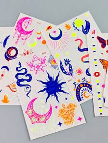 8 Sheets Y2K Glam Neon Glow Temporary Tattoos, Blacklight Body Art Stickers, UV Light Glow Tattoo Stickers, Perfect For Night Parties & Halloween, Assorted Designs For Music Festival And Party Body Make - Multicolor - View 9