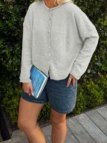 Women Y2k Crew Neck Cardigan Sweater Long Sleeve Button Down Solid Color Top Fall Casual Vintage Lightweight Knitwear - Màu Xám nhạt - Xem 5