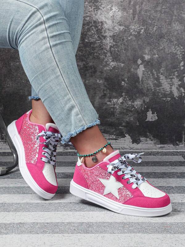 White & Peach Plaid Glitter Stylish & Elegant Women's Casual Skateboard Shoes, Chic Athleisure Sneakers, Unisex Wide Fit, Star Decor Design, Suitable For Party, Vacation, Commuting, Wide Fit Women's Shoes