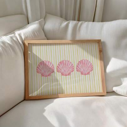 1 pièce canevas peinte avec motif de coquillage rayé, rose et crème. Affiche d'été de plage, décoration esthétique rétro, convient pour le salon, la maison de plage, l'appartement, le dortoir, cadeau pour elle, avec ou sans cadre