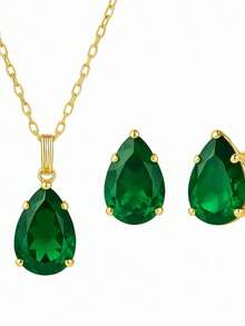 Plated Drop Necklace And Earring Set - 綠色 - 查看 2