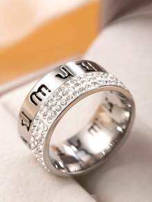 1pc Fashionable Stainless Steel Hollow Great Wall & Clover Rhinestone Decor Ring, Suitable For Men And Women Daily Wear - Ring - View 9