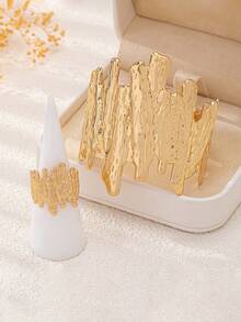 2 件波西米亚风格女士珠宝套装，皱纹树皮纹理几何不对称开口手镯可调节戒指，适合日常配饰、度假、约会、购物、派对，送给母亲、妻子、女朋友的礼物 - 金色 - 查看 3