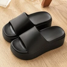 Women's Solid Color Simple Thick-Soled Fashionable Slippers, Cool Hawaiian Resort Beach, Women's High Heel Thick-Soled Fashionable Sandals, Women's Simple Thick-Soled Casual Slippers, Fashionable Thick-Soled Sandals, Slippers Suitable For Outdoor High Heels With Thick Soles - Black - View 3