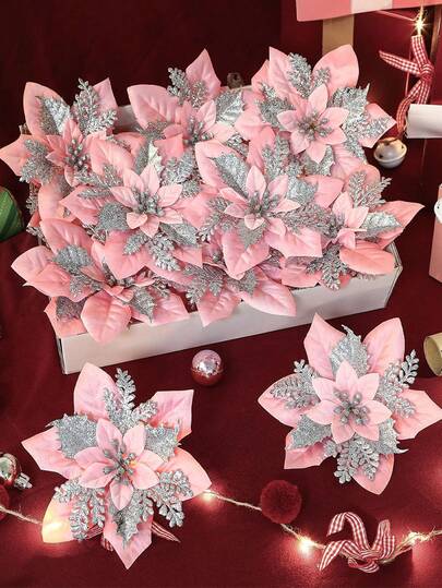 20 piezas - Flores de Navidad rosas con brillo, Flores de Pascua artificiales de madera de orangután y decoraciones navideñas editadas, Adornos navideños de flores de Pascua brillantes, Decoraciones para el árbol de Navidad, Flores y tallos, Coronas navideñas DIY, Decoraciones para fiestas familiares navideñas, Decoraciones navideñas artificiales de flores de Pascua, Adornos navideños de flores de Pascua brillantes