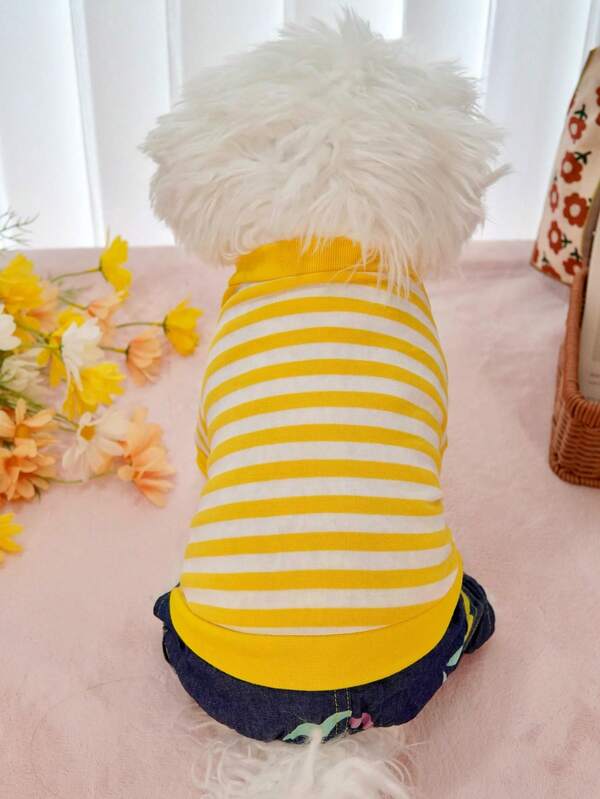 Conjunto de ropa para mascotas con camiseta a rayas y mono de mezclilla, para poodle y bichón frisé