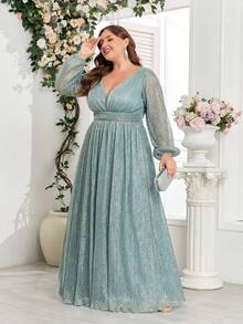 Vestido formal de manga larga con mangas farol y aplicaciones de lentejuelas para mujer de talla grande, elegante para baile de graduación, cena y boda