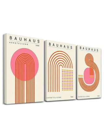 3pcs Bauhaus Wall Art Posters - Mid-Century Modern Pink Canvas Prints With Red, Orange And Blue Abstract Geometric Designs, Great For Room Decor, Wall Arts, Art Prints, Posters, For Bedrooms, Living Rooms, Home Offices And Dorm Room Decor, Optional Frame