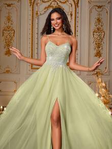 VIPGIRL 浅绿色亮片吊带薄纱礼服，开衩设计，优雅A字型及地公主风舞会礼服，适合选美比赛、伴娘、晚宴、婚礼和其他正式场合。 - 青檸色 - 查看 6