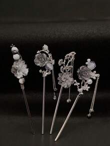 4个水墨花朵流苏发夹，复古百搭发饰，尽显优雅气质，可作发髻延长器、发髻造型器、发髻发片、发型别针、发夹、发卡、发卡、头饰