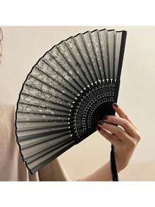 1 件古董折叠竹扇，中式折叠扇，舞蹈扇饰有黑色蝴蝶流苏花卉图案，传统舞蹈扇，手工扇优雅