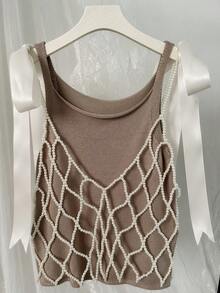 DEKUNER 串珠吊带背心设计小众外套百搭时尚镂空针织V领身体链可爱蝴蝶结肩带，女士礼物 - 白色 - 查看 5