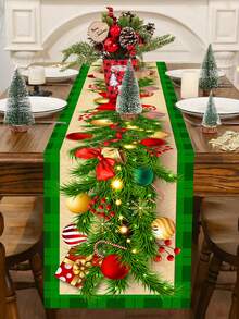 1 Stück 35*180cm/13.78*70.87 Zoll Weihnachtstischläufer, Schwarz & Grün karierte lange Tischdecke Dekoration Stoff, Weihnachtskugel, Glocke, Schleifen Elemente Muster, geeignet für Heimdekoration, Weihnachtsparty, Wohnzimmer, Esszimmer Tischoberfläche Festliche Zubehör - Weihnachten - Übersicht 7