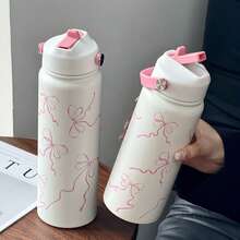 1pc Stylish Pink Ribbon Bow Print Insulated Cup - Available In 600/800/1000ml | 304 Stainless Steel Coffee Mug & Juice Bottle For Hot/Cold Beverages | Perfect For Camping, Picnics, Travel, Gifts, Parties, Afternoon Tea, Office & Daily Use - 彩色 - 查看 5