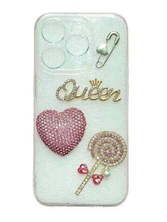 4Pcs/Set Luxury Shiny Full Diamond Big Candy Pink Heart Gold "QUEEN" English Font Silver Love Pin Junk Phone Case Ipadcase Computer Charging Head Storage Box Makeup Mirror Water Bottle Home Decoration Charms Accessories Kawaii Diy Hairpin Shoe Buckle Crafts