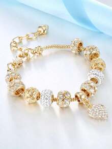1pc Shimmering Round Shaped Metallic Bead & Rhinestone Detailing, Hollow Out Heart Shaped Metallic Bead & Rhinestone Detailing Detachable Copper Chain Bracelet For Women, Ideal For Dating And As A Fashionable Gift Valentines,Mom,Mother,Mother's Day,Gift - 金子 - 查看 6