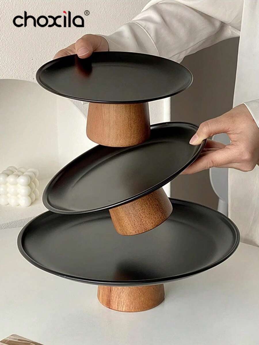 choxila 一套优雅黑色带底座甜点盘 | 现代咖啡桌小吃托盘 | 高端不锈钢水果碗 | 糖果蛋糕架 | 派对餐盘