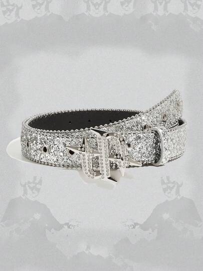 1条男士银色Y2K朋克亮片仿珍珠字母扣腰带，百搭配饰，适合日常穿着、秋季、万圣节、秋冬季节，适合青少年、青年、男士，休闲、户外、运动、度假、毕业礼物、生日礼物、日常穿着