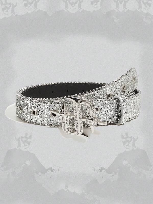 1pc Men's Silver Y2K Punk Sequin Faux Pearl Studded Letter Buckle Belt, Versatile Accessory For Daily Wear Fall, Autumn, Halloween Autumn-Winter Accessories,Suitable For Teens, Youth,Men,Casual, Outdoor, Athletic, Vacation, Graduation Gifts, Birthday, Daily Wear