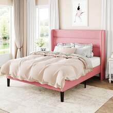 Allewie Full/Queen/King Size Platform Bed Frame With Velvet Upholstered Wingback Headboard, No Box Spring Needed, Under Bed Storage Space, Strong Wooden Slats, Modern Mattress Foundation, Easy Assembly, Pink