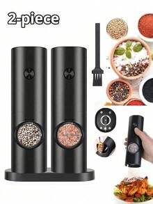 2 件/1 套电动胡椒盐研磨器，带存储底座的胡椒研磨器套装，电池供电，可调节粗细度黑胡椒研磨机，自动研磨带 LED 灯，厨房配件，适用于烧烤餐厅厨房 - 2黑 - View 1