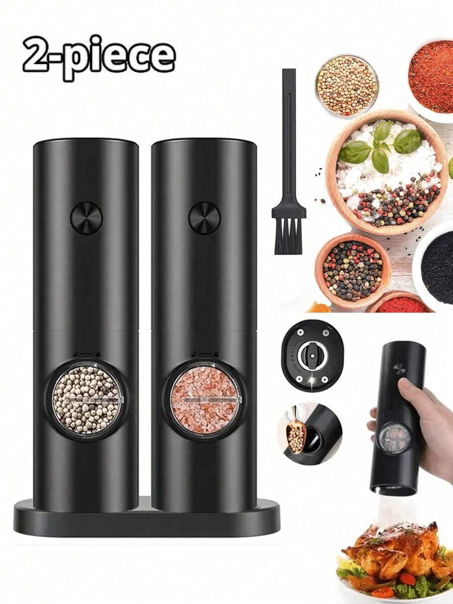 2 件/1 套电动胡椒盐研磨器,带存储底座的胡椒研磨器套装,电池供电,可调节粗细度黑胡椒研磨机,自动研磨带 LED 灯,厨房配件,适用于烧烤餐厅厨房 - 2黑 - View 1
