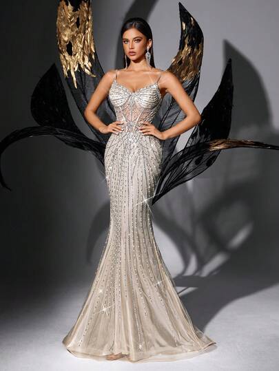 Fashionable Temperament Striped Mesh Patchwork Strapless Mermaid Hem Gown Dresses