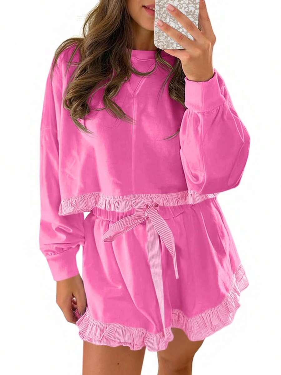 Fisoew Women's 2 Piece Lounge Sets - Summer 2024 Y2K Aesthetic Ruffle Trim Color Block Cropped Sweatshirt & High Waist Drawstring Shorts Casual Loungewear Set Cute Comfy Two Piece Outfit - 玫紅色 - 查看 1