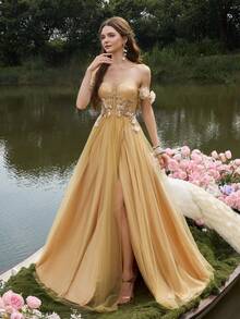 Faeriesty Robe de soirée élégante à épaules dénudées, dos nu et fente haute en mousseline de soie coupe évasée. Parfaite pour les grands galas, les réceptions de mariage de luxe, les premières d'opéra, les grands événements de bienfaisance, les fêtes du Nouvel An et autres occasions formelles. - Champagne - Voir 6