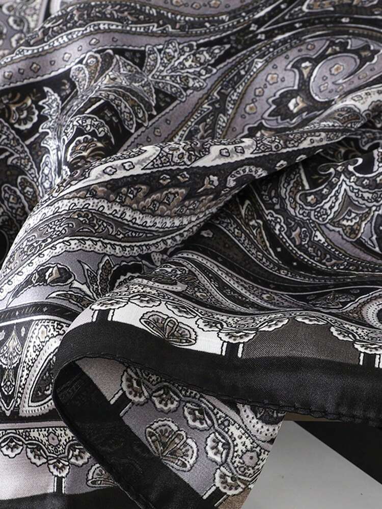 1pc Minimalist Printed Black & Gray Square Scarf, New Spring Fashion Headscarf For Women, Can Be Used As Waistband, Bag Decor, Ribbon, Headband Or Scarf, An Ideal Choice To Enhance Your Overall Look. - Dark Grey - View 6