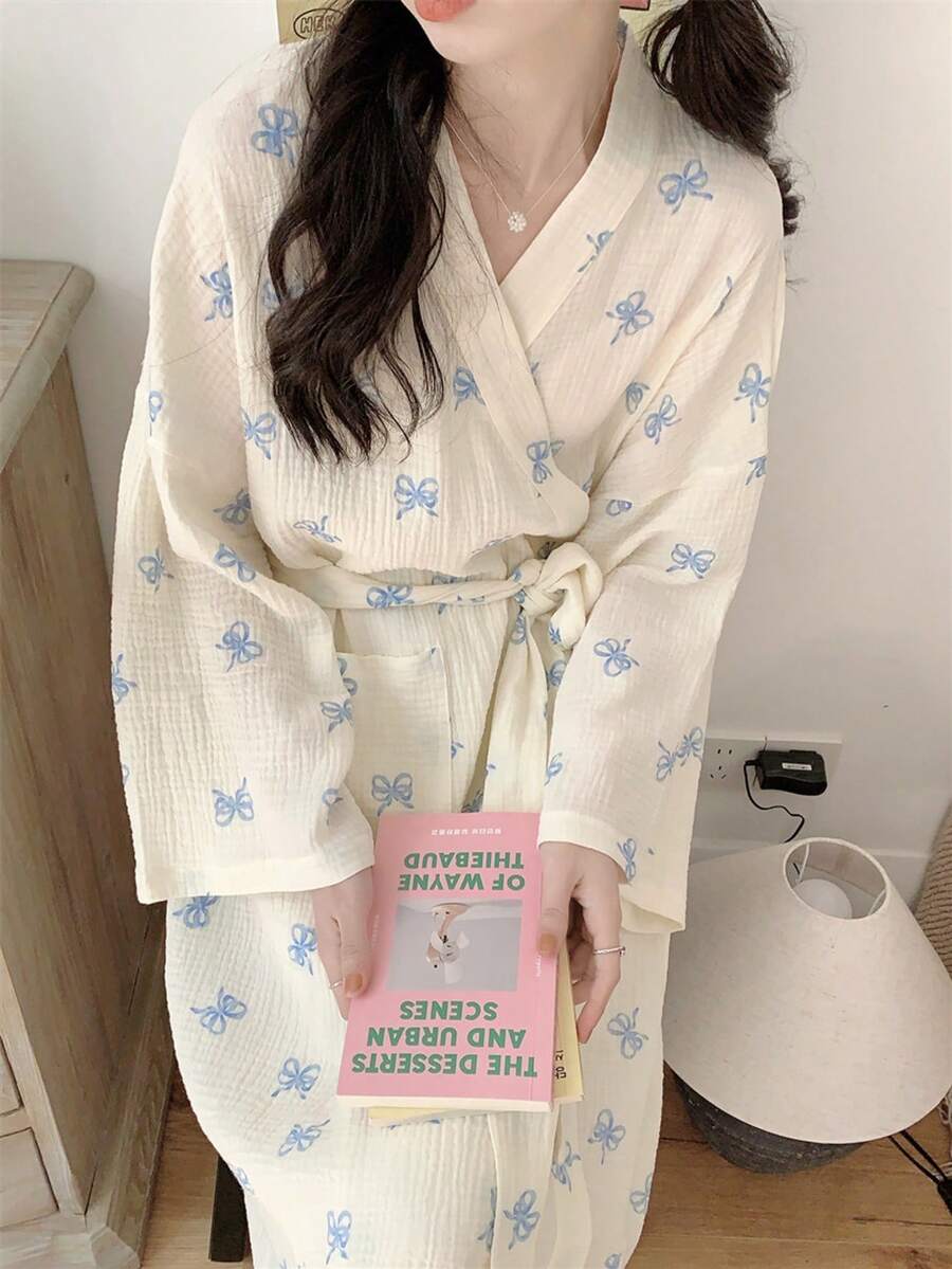 1pc Women's Bathrobe, Kimono Robe, Sleepwear, Minimalist European Style Long Sleeve Robe, Sweet & Cute, Small & Plus Size, Pink Bow Decor, Lightweight Solid Color Pajamas, Fashionable Loungewear Warm Winter Decor