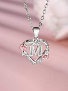 Tsnamer 1 件精美首字母项链心形雕刻 26 个字母 A-Z 和花朵项链适合女士女孩搭配日常生日珠宝礼物 - 銀色 - 查看 2