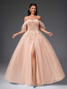 VIPGIRL 粉色露肩薄纱贴花舞会礼服，甜心A字开衩正式晚礼服，女士公主舞会礼服，适合毕业典礼、庆典、婚礼宾客 - 淺粉色 - 查看 6