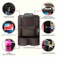 This 2-Piece Car Rear Seat Storage Bag Set Features A Flat Stand, 9 Storage Pockets, A USB/ Headphone Jack, And A Backrest Protector. With A Multi-Functional Design, It Enhances The Storage And Convenience Inside The Car - 黑色 - 查看 6