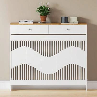 Radiator Cover With Drawers, White Modern MDF Vertical Slats Wood Decorative Cabinet For Living Room Bedroom Hallway, Wood Top Shelf, Medium