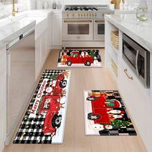 1/2/3 Pcs Merry Christmas Red Truck, Christmas Tree, Santa Claus, Snowman, Deer, Dog, Pig And Cow, Black And White Lattice Background "Merry Christmas" Cartoon Style Flannel Soft Kitchen Rugs Non Slip Washable, Throw Rug, Anti-Fatigue Non-Skid Runner